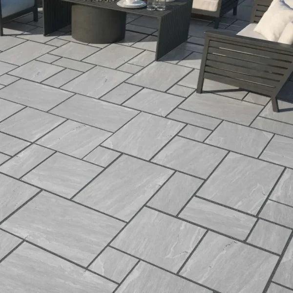 Kandla Grey porcelain paving installed in a modern UK patio