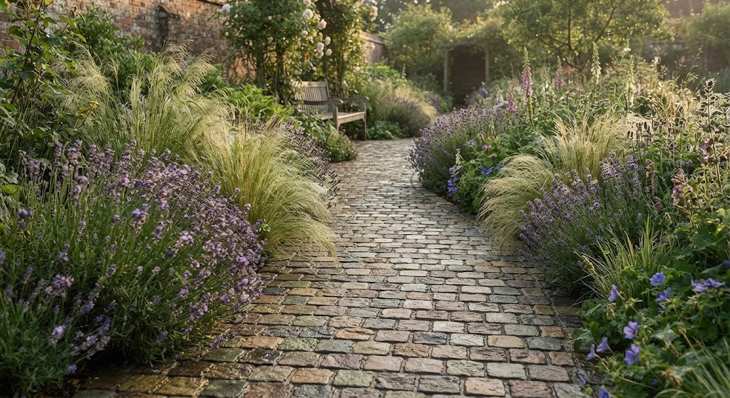 Raj Green sandstone cobbles garden path - warm multi-colour natural stone - Universal Paving