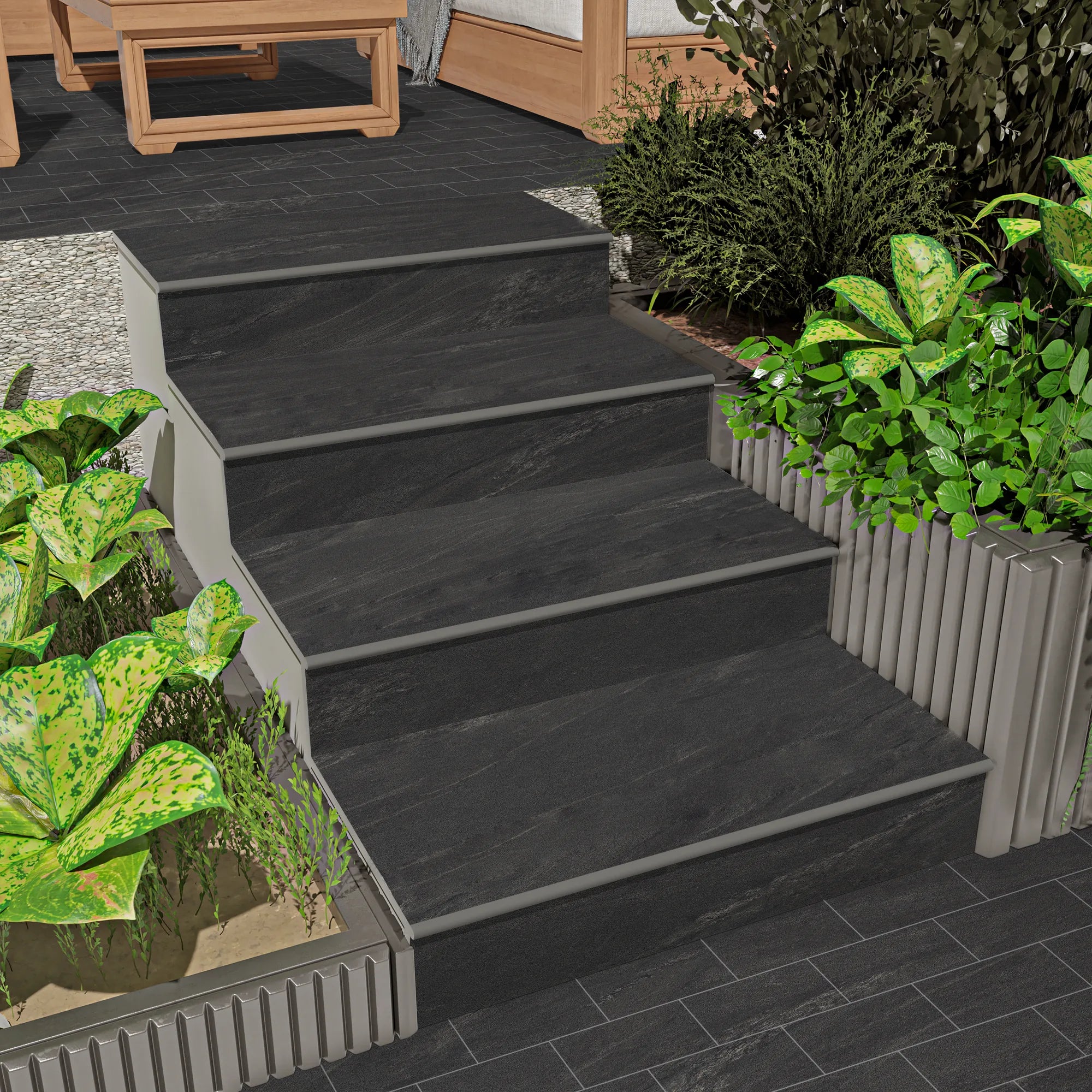 anthracite black porcelain bullnose steps