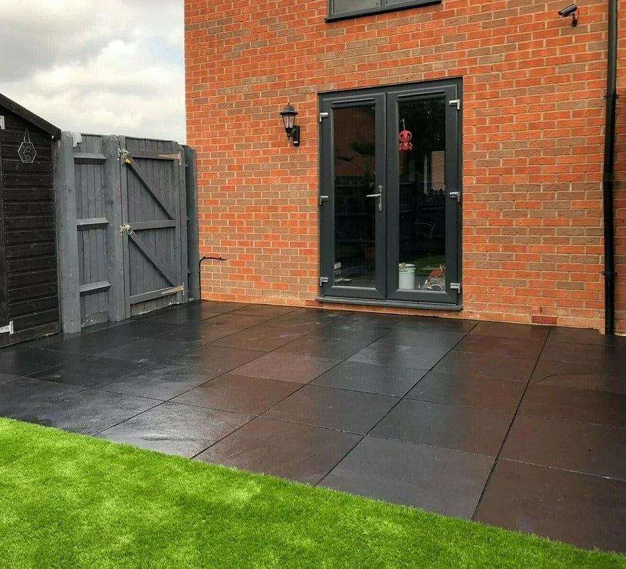 Black Natural Indian Limestone Paving Slabs - Riven - Sawn Edge - 600x600 - 22mm