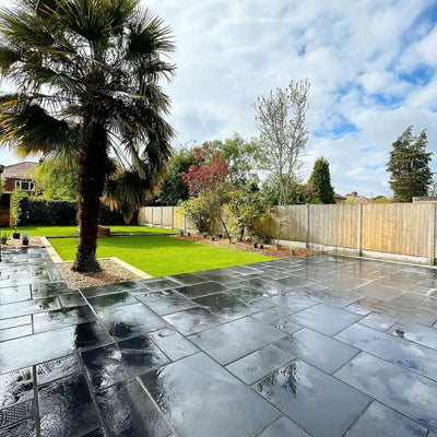 Kadapa Black Indian Limestone Paving Slabs - Riven - Sawn Edge - Patio Pack - 22mm Kadapa Black Indian Limestone Paving Slabs - Riven - Sawn Edge - Patio Pack - 22mm