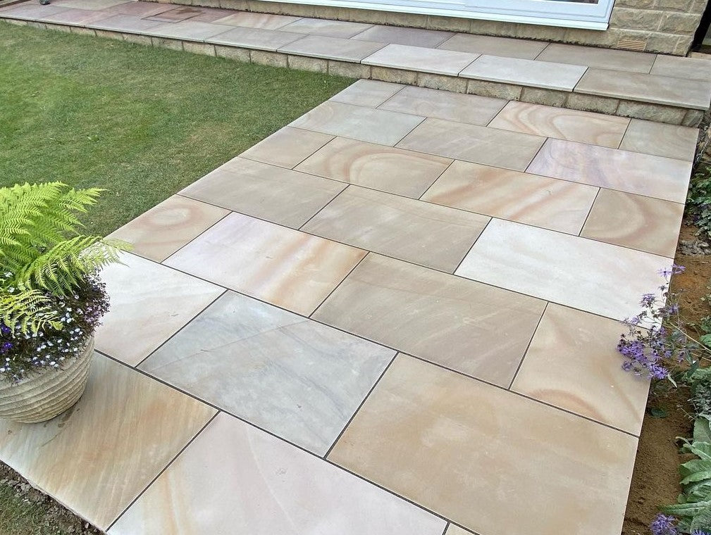 Camel Dust Indian Sandstone Paving Slabs - Sawn & Honed - 900x600 - 20mm - Smooth Paving