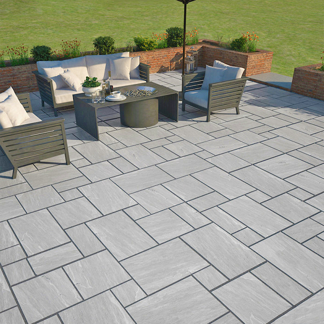 Kandla Grey Indian Sandstone Paving Slabs - Riven - Sawn Edge - Patio Pack - 22mm