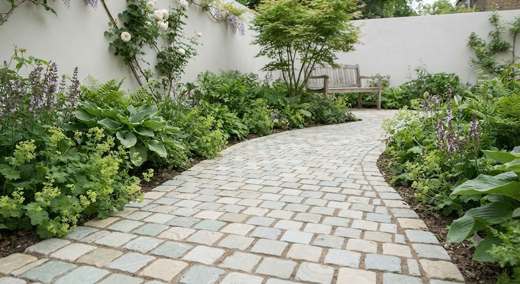 Fossil Mint sandstone cobbles path - light natural stone with fossil markings - Universal Paving