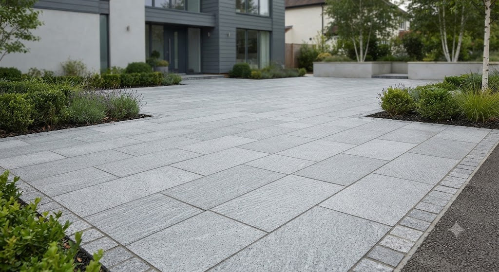 Silver grey flamed granite paving and setts - contemporary UK driveway - Universal Paving