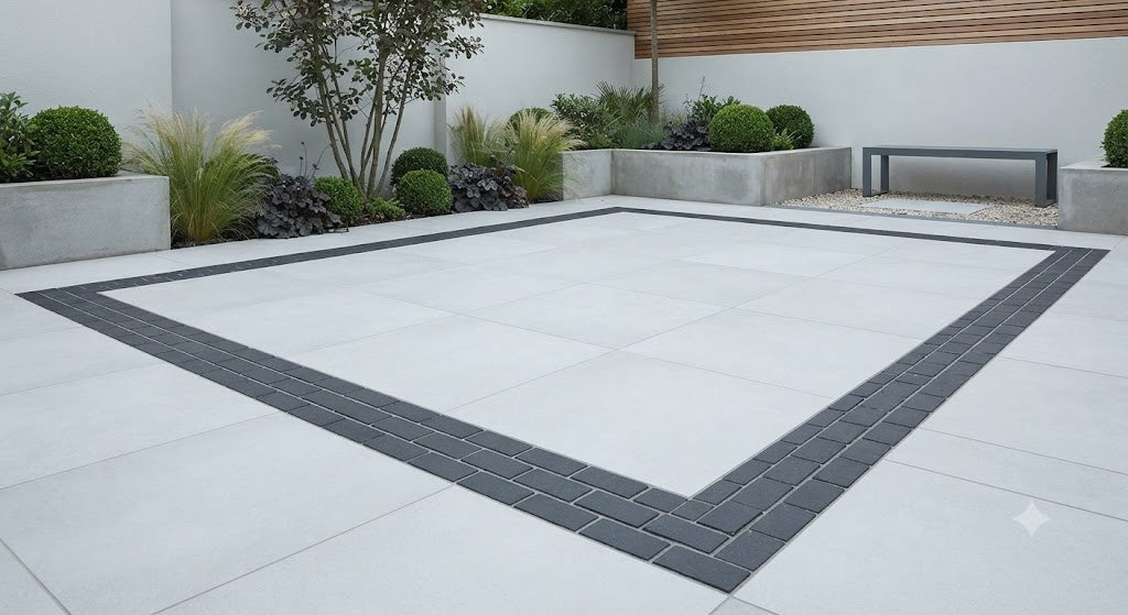 Anthracite black porcelain sett border framing a grey porcelain patio - Universal Paving