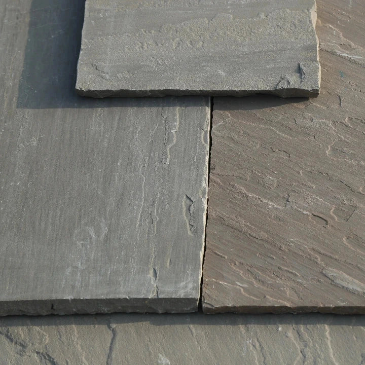 raj green indian sandstone paving slabs 560 series riven patio pack