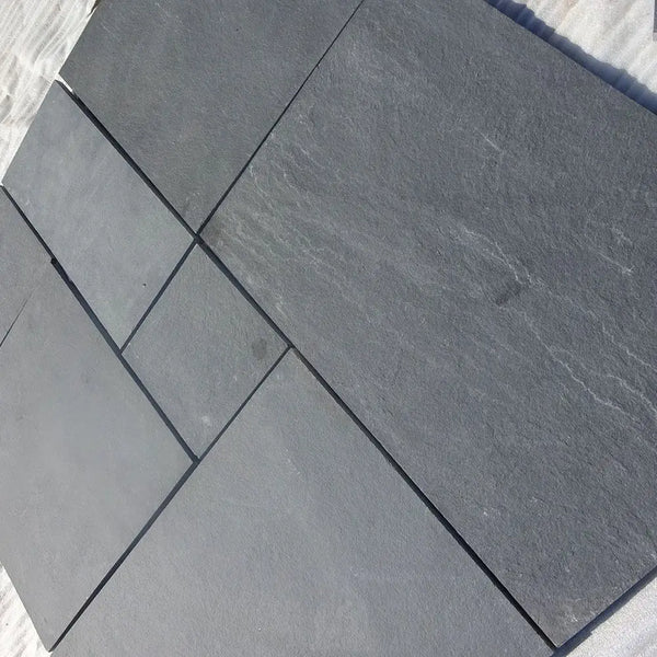 Kadapa Black Indian Limestone Paving Slabs - Riven - Sawn Edge - Patio Pack - 22mm Kadapa Black Indian Limestone Paving Slabs - Riven - Sawn Edge - Patio Pack - 22mm