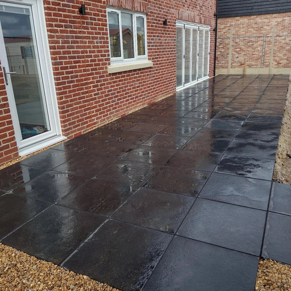 Black Natural Indian Limestone Paving Slabs - Riven - Sawn Edge - 600x600 - 22mm