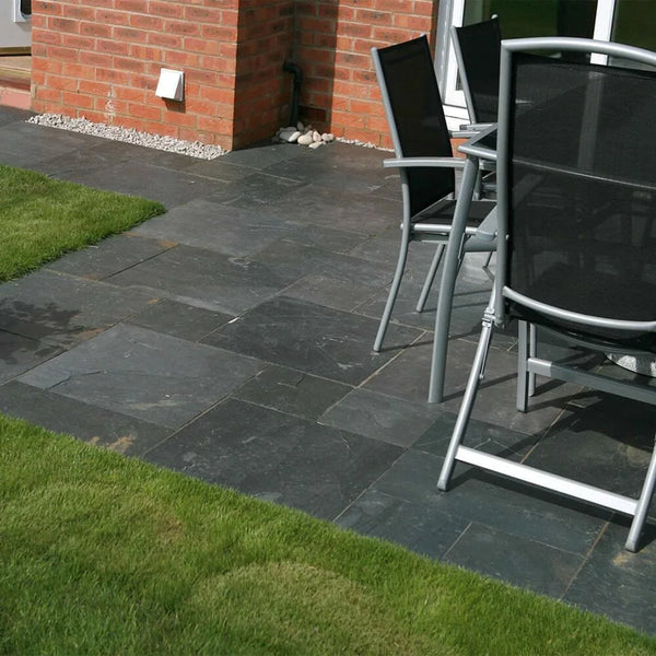 Blue Black Indian Slate Paving Slabs - Riven - Sawn Edge - Patio Pack - 20mm Blue Black Indian Slate Paving Slabs - Riven - Sawn Edge - Patio Pack - 20mm