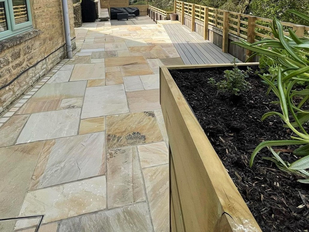 Fossil Mint Indian Sandstone Paving Slabs - Riven - Patio Pack - 22mm