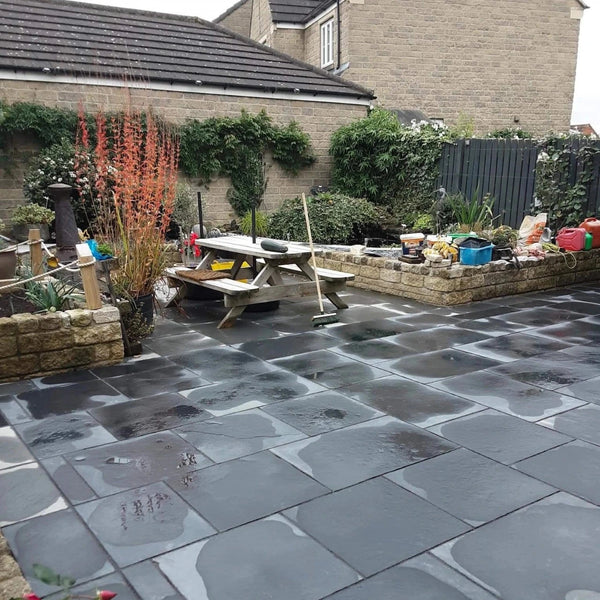 Black Natural Indian Limestone Paving Slabs - Riven - Sawn Edge - 600x600 - 22mm Black Natural Indian Limestone Paving Slabs - Riven - Sawn Edge - 600x600 - 22mm