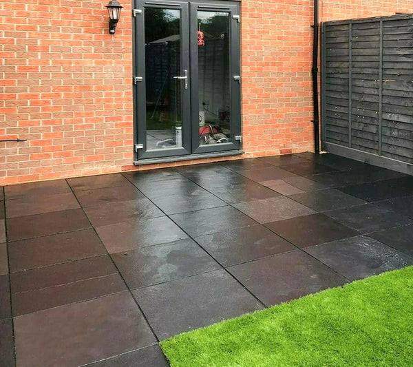 Black Natural Indian Limestone Paving Slabs - Riven - Sawn Edge - 600x600 - 22mm Black Natural Indian Limestone Paving Slabs - Riven - Sawn Edge - 600x600 - 22mm
