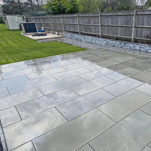 Kandla Grey smooth sawn and honed sandstone in 1200x600 paving size