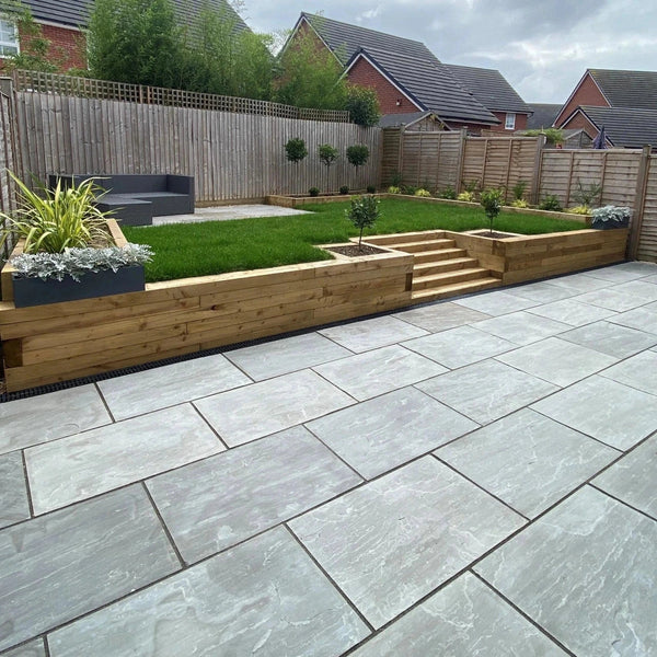 Kandla Grey Indian Sandstone Paving Slabs - Riven - Sawn Edge - 900x600 - 22mm - UniversalPaving