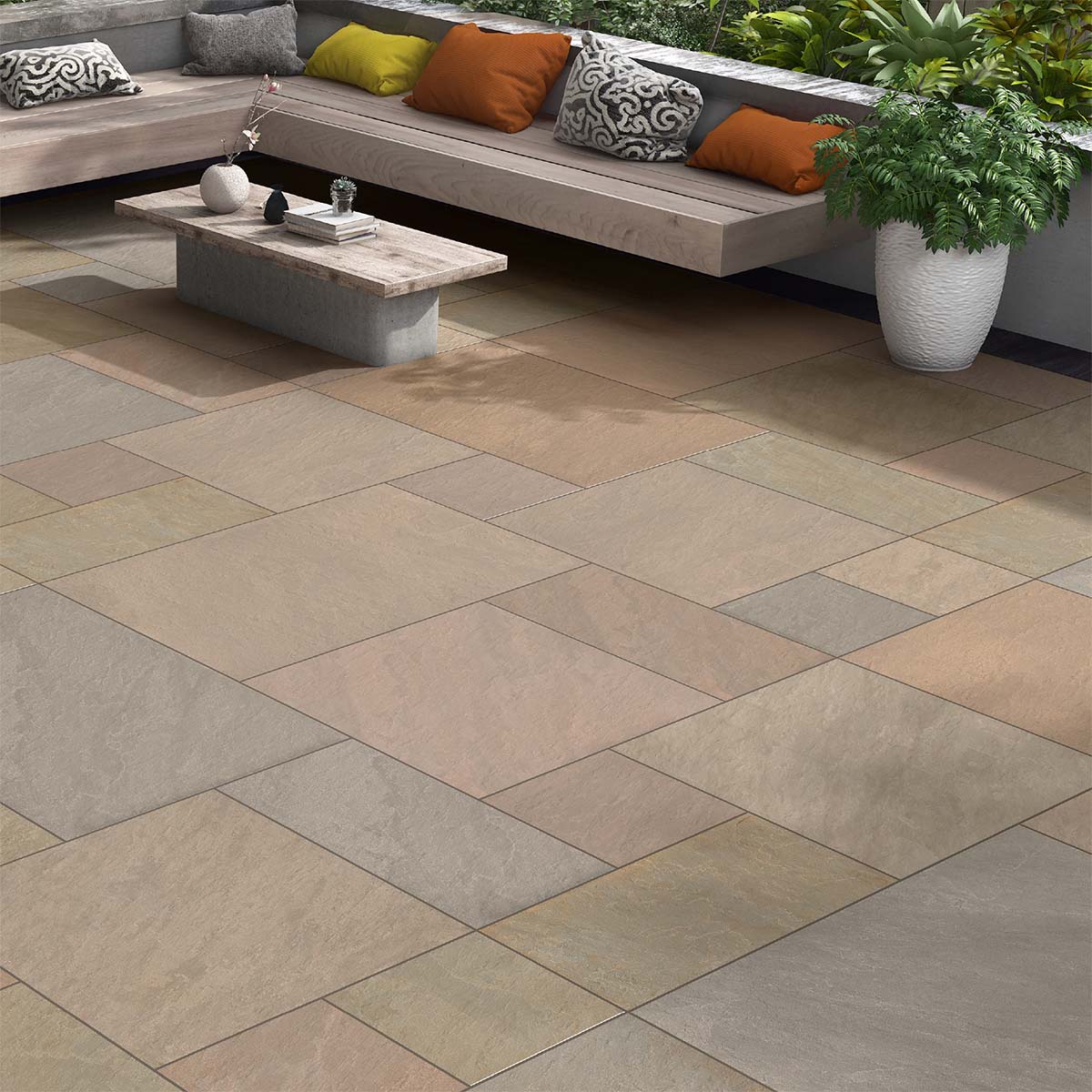 Raj Green Outdoor Porcelain in 20mm thickness and mixed size patio pack