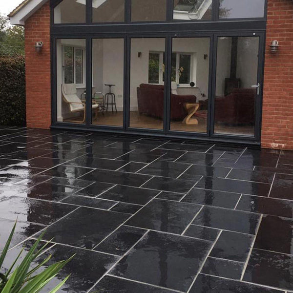 Kadapa Black Indian Limestone Paving Slabs - Riven - Sawn Edge - Patio Pack - 22mm