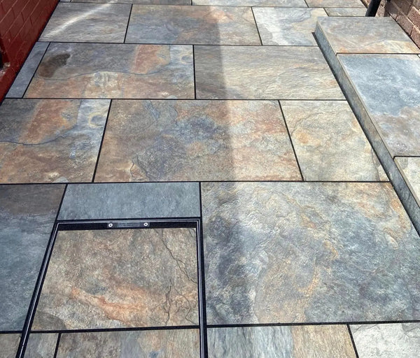 rustic multi color porcelain patio slabs Rustic Slate Outdoor Porcelain Paving Tiles - 900x600 - 20mm
