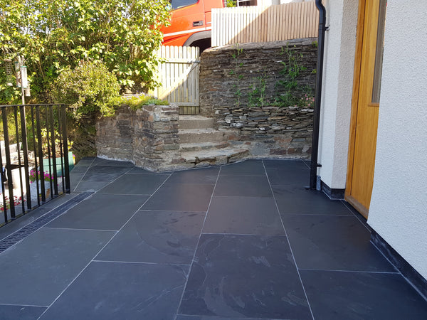 Blue Black Slate Paving Slabs - Riven - Sawn Edge - 900x600 - 20mm