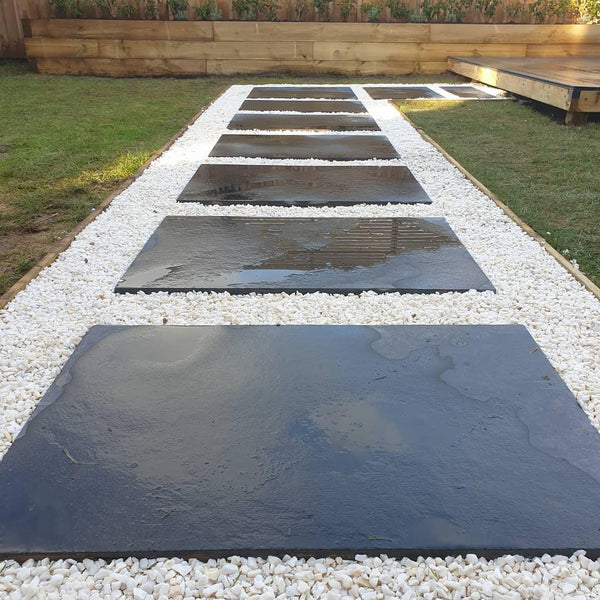 Kadapa Black Indian Limestone Paving Slabs - Riven - Sawn Edge - 900x600 - 22mm