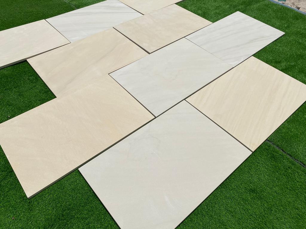 Fossil Mint Indian Sandstone Paving Slabs - Sawn & Honed - 900x600 - 20mm - Smooth Paving - UniversalPaving